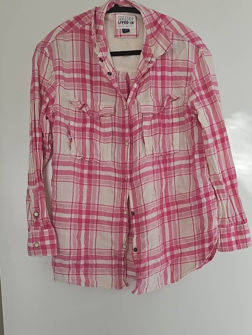 American Eagle Outfitters Pink and White Plaid Button-Down Shirt